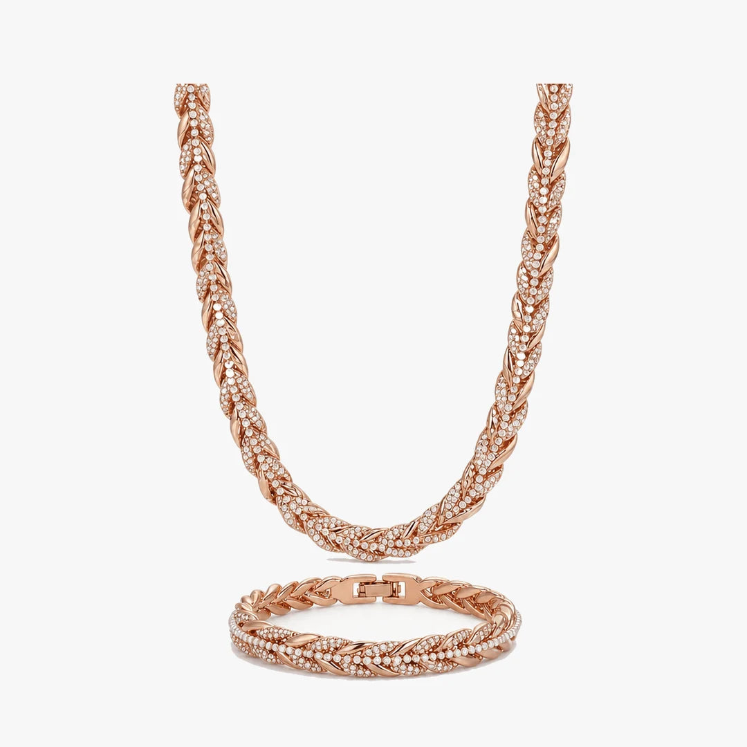 Sparkling Leaf-Link Necklace and Bracelet Set