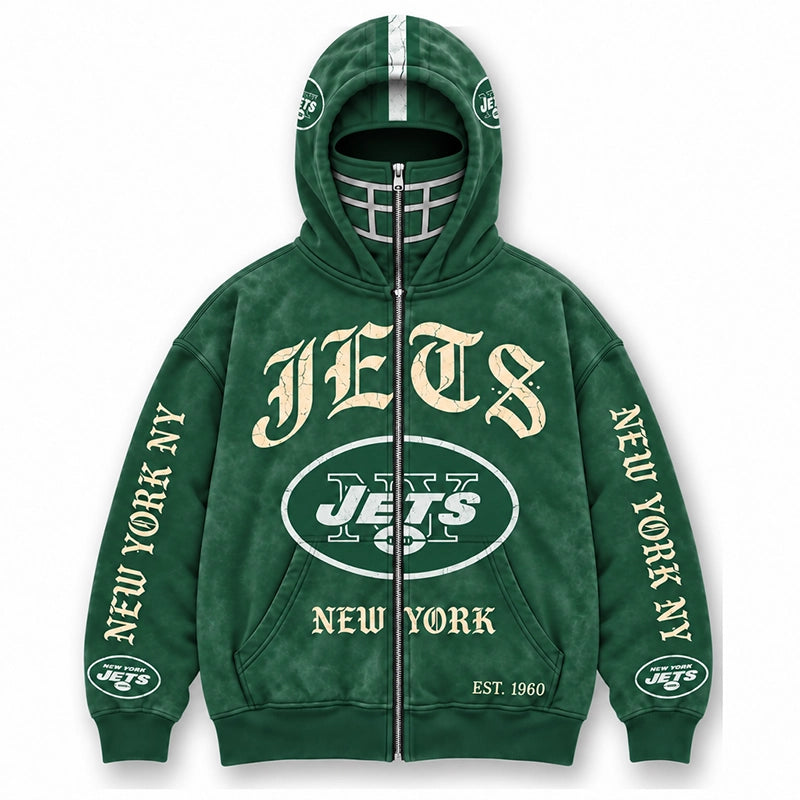 Graphic Full-Zip Hoodie with Helmet-Style Hood