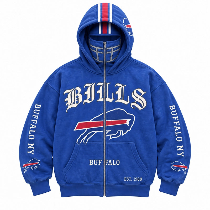 Graphic Full-Zip Hoodie with Helmet-Style Hood