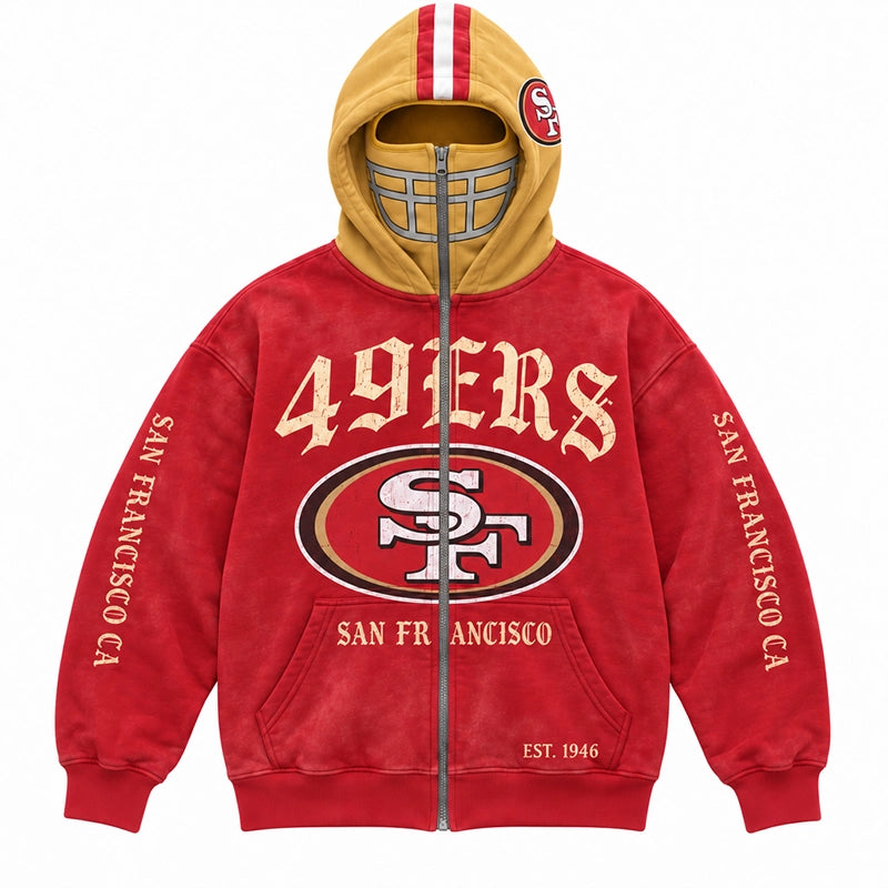 Graphic Full-Zip Hoodie with Helmet-Style Hood