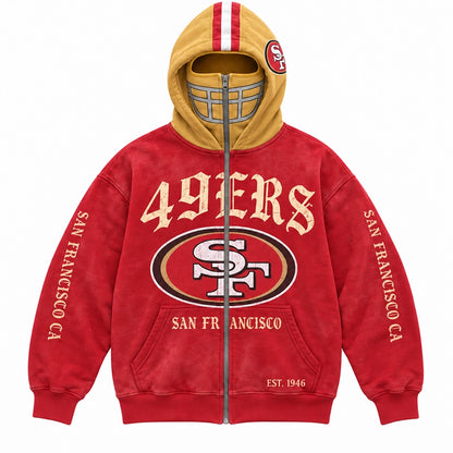 Graphic Full-Zip Hoodie with Helmet-Style Hood