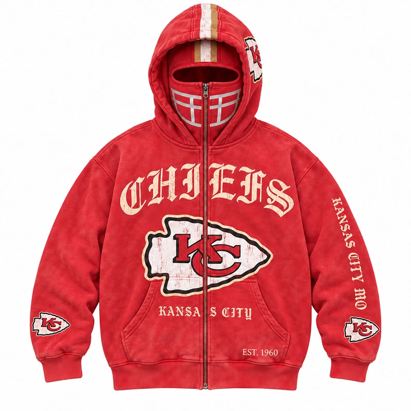 Graphic Full-Zip Hoodie with Helmet-Style Hood
