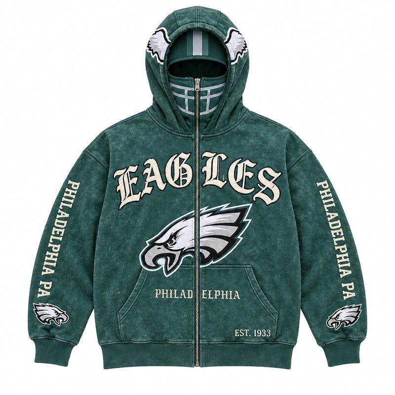 Graphic Full-Zip Hoodie with Helmet-Style Hood