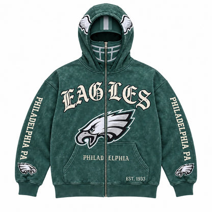 Graphic Full-Zip Hoodie with Helmet-Style Hood