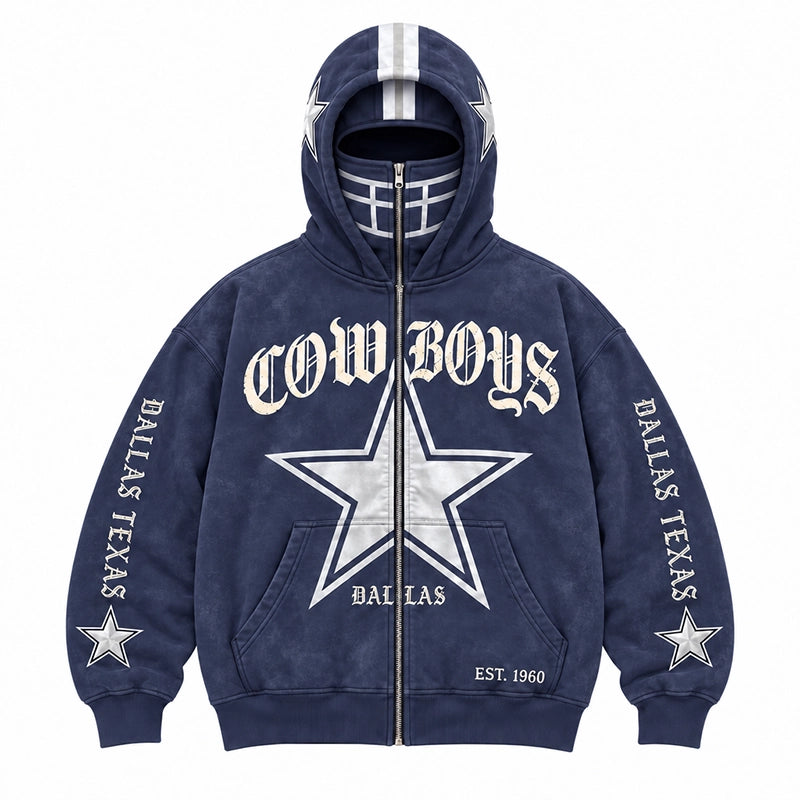 Graphic Full-Zip Hoodie with Helmet-Style Hood