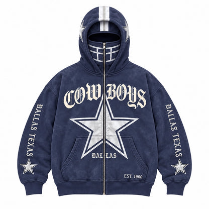 Graphic Full-Zip Hoodie with Helmet-Style Hood