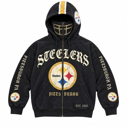 Graphic Full-Zip Hoodie with Helmet-Style Hood
