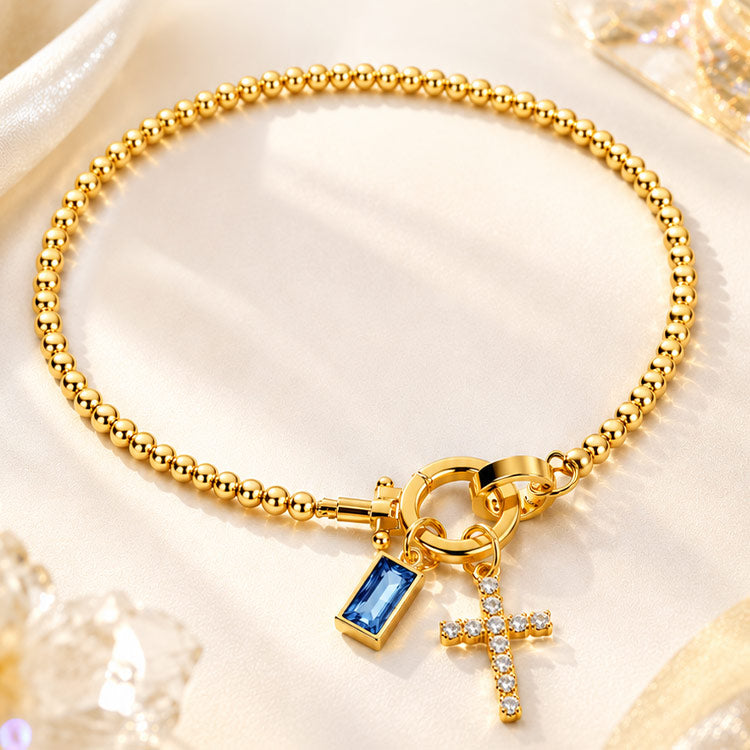 Gold-Tone Birthstone Cross Beaded Bracelet - image 2