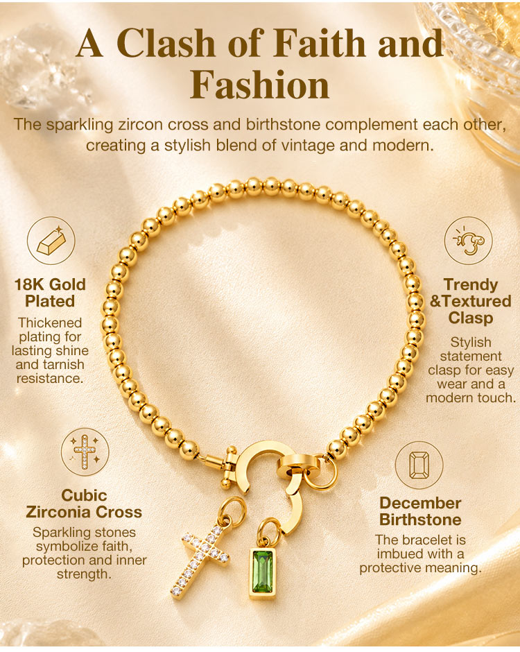 Gold-Tone Birthstone Cross Beaded Bracelet - image 3
