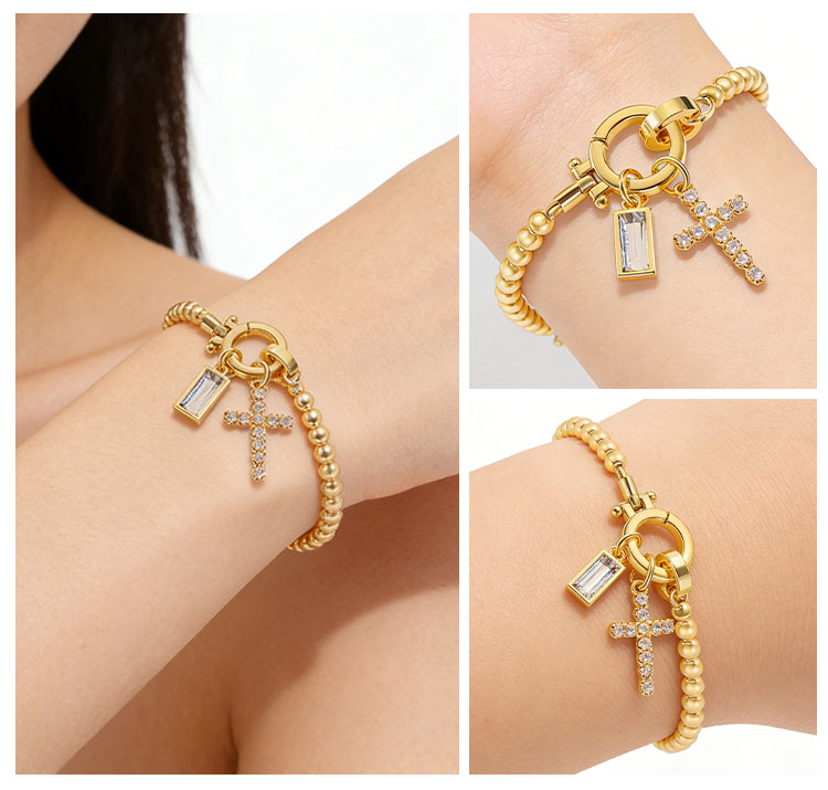 Gold-Tone Birthstone Cross Beaded Bracelet - image 4