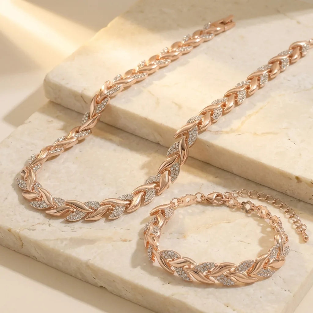 Sparkling Leaf-Link Necklace and Bracelet Set – product image 1