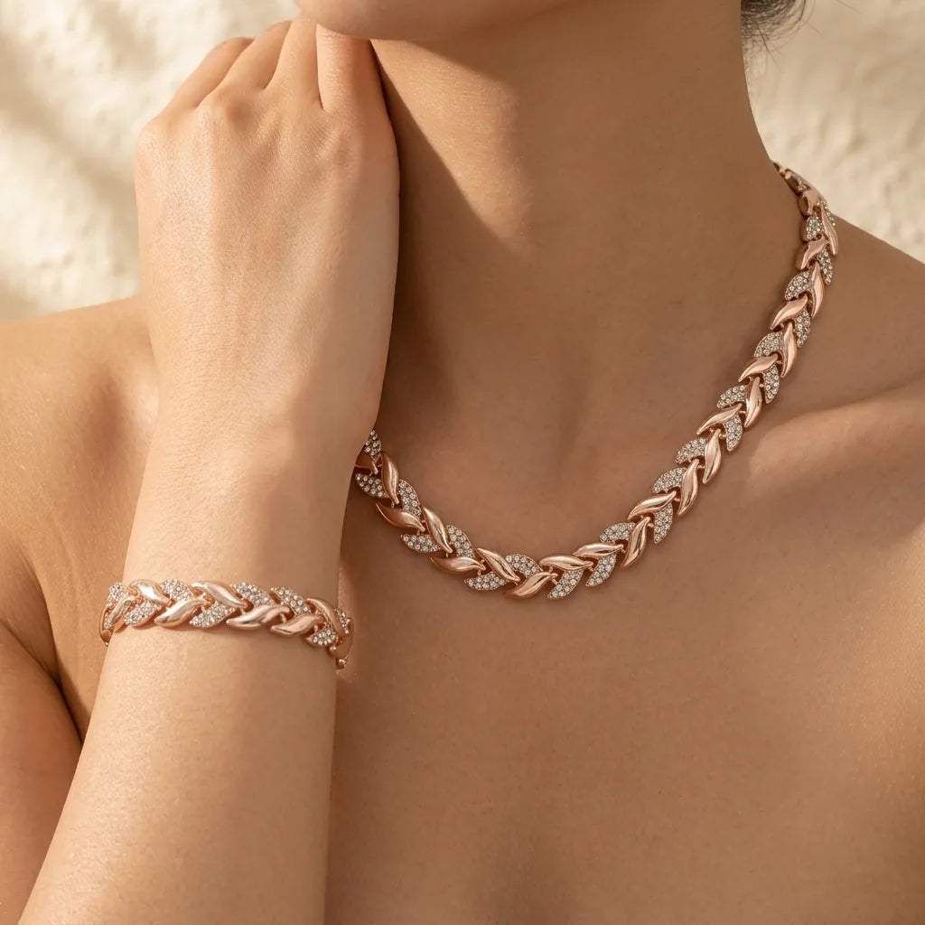 Sparkling Leaf-Link Necklace and Bracelet Set – product image 2